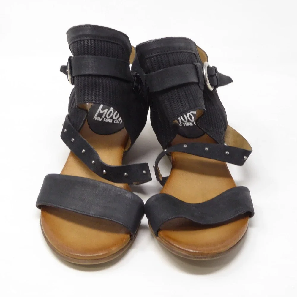 Miz Mooz Womens Farley Wedge Sandals Black Leather Studded Buckle 38 / 7.5
